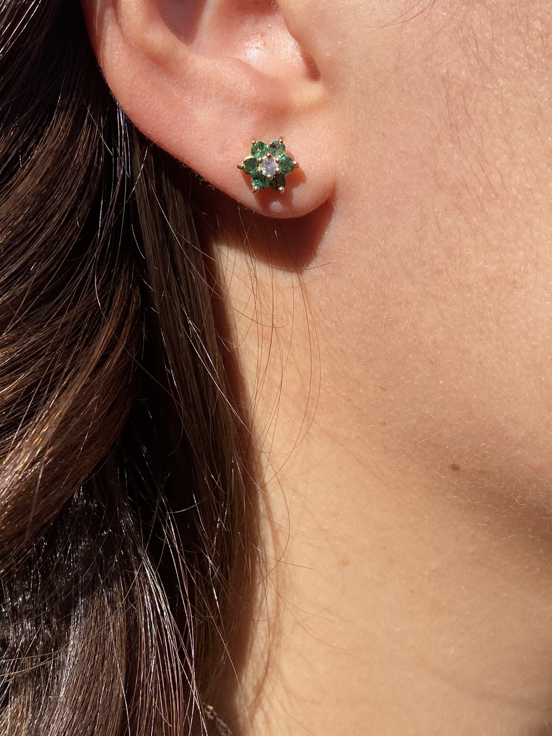 SOLD - The Lausanne: Diamond Earrings with Emerald Halo in Yellow Gold - Image 5