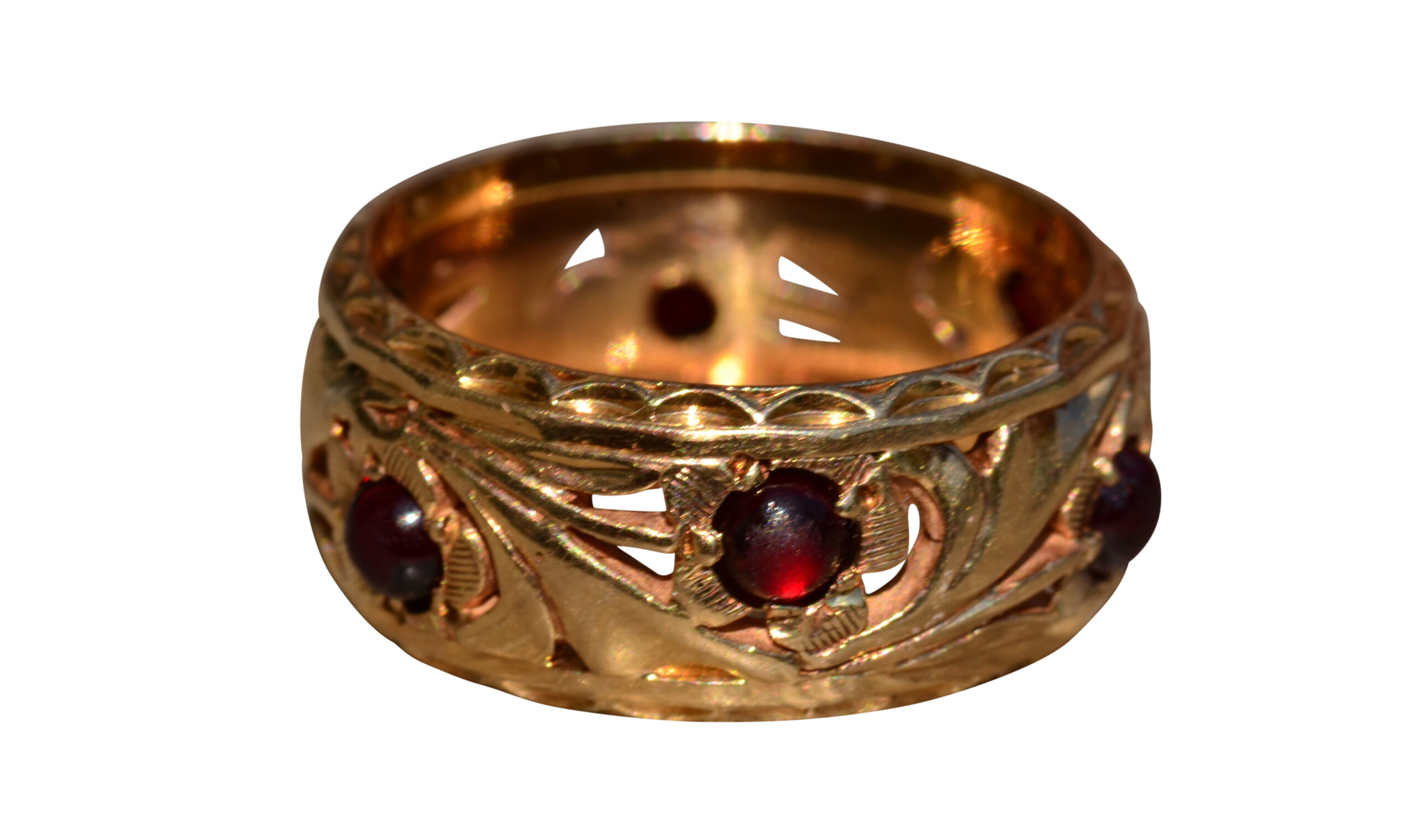 SOLD - The Carolyn: Antique Rose Gold Filigree Eternity Band set with Cabochon Garnets
