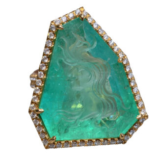 The Cascade: Russian Intaglio Emerald in 18 Karat Yellow Gold Set with Diamonds