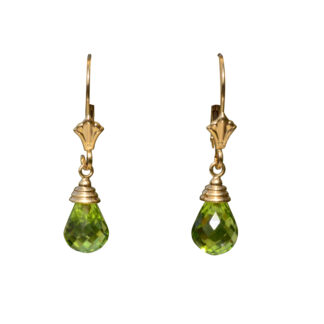 SOLD - The Blaise:  Yellow Gold Faceted Peridot Briolette Dangler earrings with Modified Fleur De Lis Top