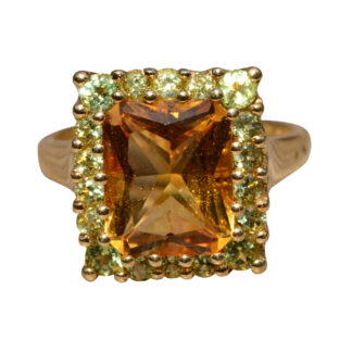 The Rainbow Boulevard:  Elongated Radiant Cut Citrine and Diopside Ring