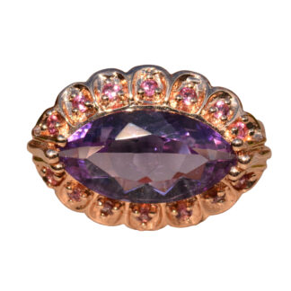 The Adorato Drive:  East To West Navette Shaped Amethyst and Tourmaline Ring in Rose Gold