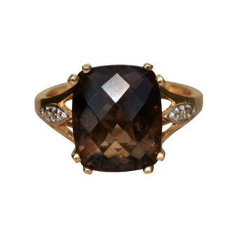 SOLD - The Cumberland:  Vintage Signed Smokey Quartz and Diamond Ring in Yellow Gold