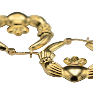 SOLD - The Minnettes:  Vintage Claddagh Holding Hands Yellow Gold Hoop Earrings