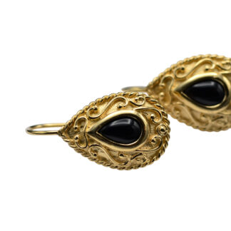SOLD - The Neldias:  Vintage 14 Karat Yellow Gold and Onyx Drop Earrings
