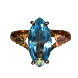The Redondo:  Vintage Navette Blue Topaz Ring set in Yellow Gold with Rose Gold Accent