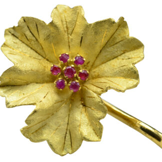 The Lyra:  Vintage Signed 18 Karat Yellow Gold Floral Brooch set with Rubies