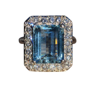 SOLD - The Charon:  Ladies Emerald Cut Aquamarine and Diamond Halo Ring in White Gold