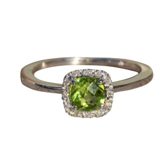 The Brickle:  Ladies Checkerboard Cut Peridot and Diamond Halo Ring in White Gold