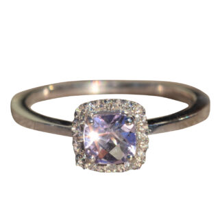 The Lavender:  Contemporary Checkerboard Cut Pale Amethyst and Diamond Halo Ring
