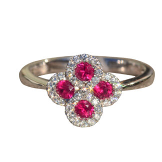 SOLD - The Gerbera:  Ladies Contemporary Ruby and Diamond Ring in 14 Karat White Gold