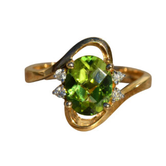 The Peri:  Ladies Modern Bypass Style Peridot and Diamond Ring in Yellow Gold