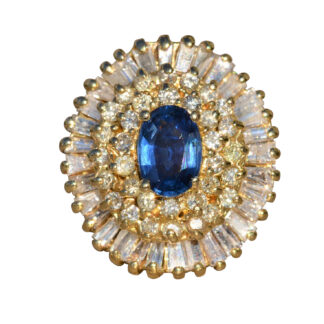 The Nivel:  Tiered Diamond Halo and Sapphire Cocktail Ring in Yellow Gold