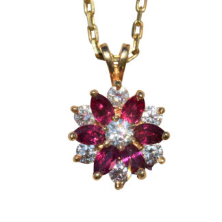 SOLD: The Noran:  Contemporary 14 K Gold Ruby and Diamond Floral Necklace