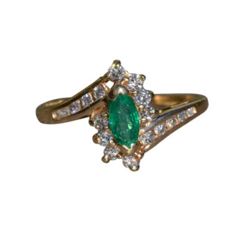 SOLD - The Borodell Avenue:  Ladies 14K Gold Bypass Ring set with Marquise Emerald and Diamonds