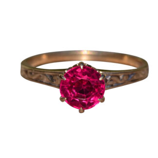 The Ensign Drive:  Ladies Antique 14K Rose Gold Engagement Ring set with Laboratory Grown Ruby