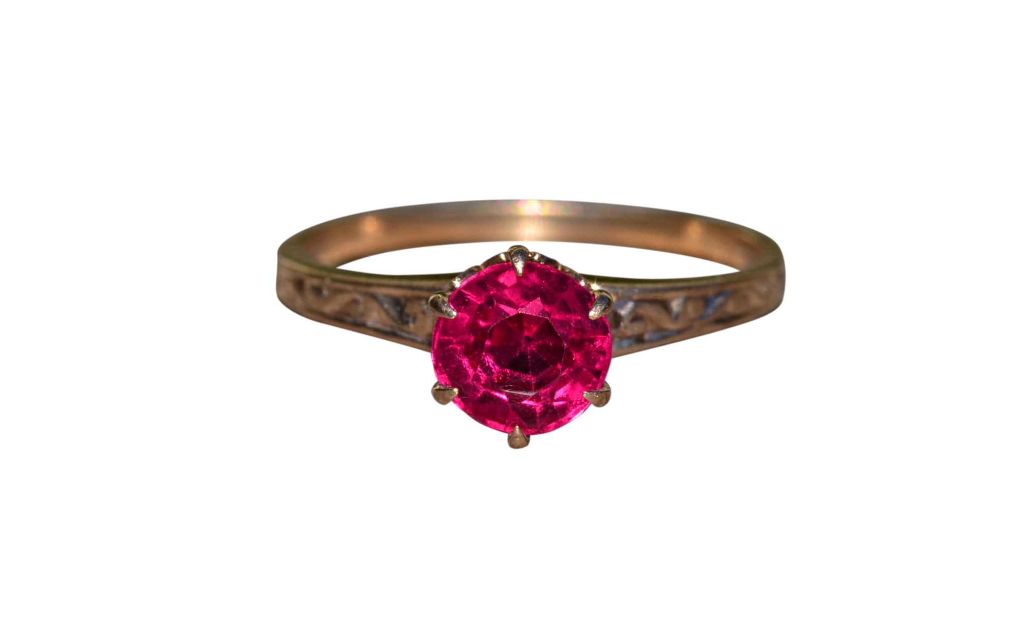 The Ensign Drive: Ladies Antique 14K Rose Gold Engagement Ring set with Laboratory Grown Ruby