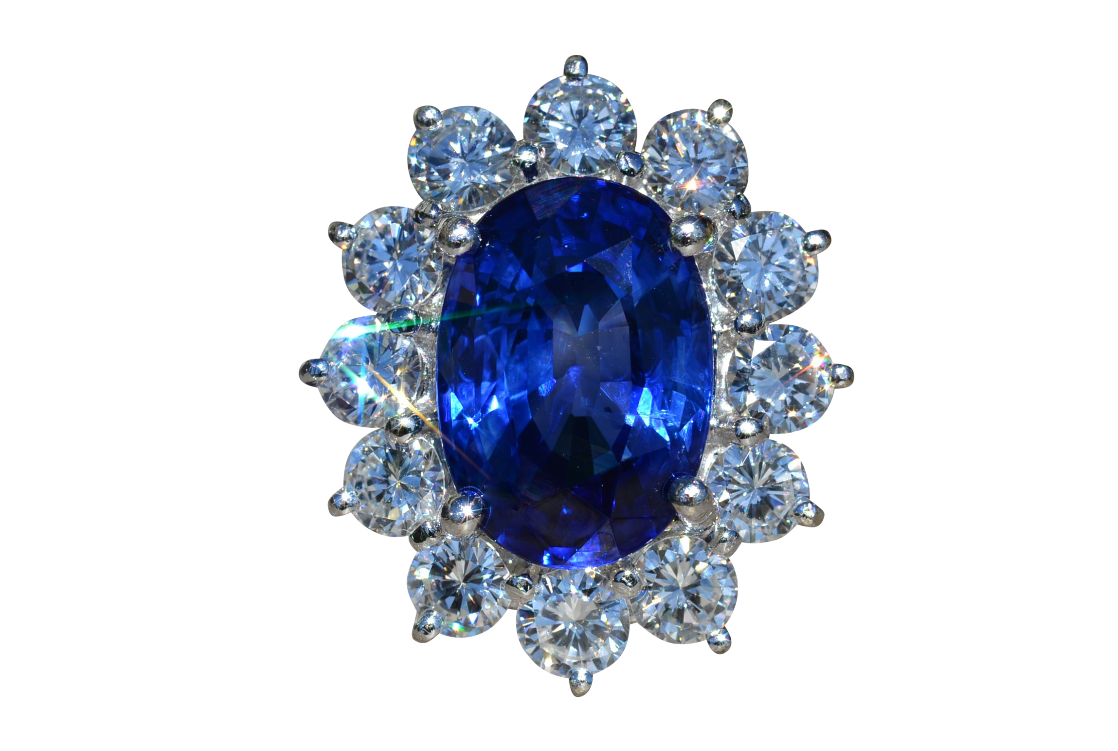 The Cottrell Street: Ladies Signed 18K White Gold Ring set with 4.86 CT Sapphire and Diamond Halo