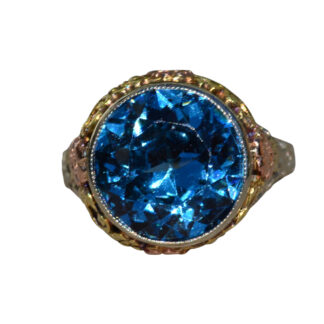 The Garden Court:  Ladies Antique 14K Tricolor Ring set with 5.55 CT London Blue Topaz