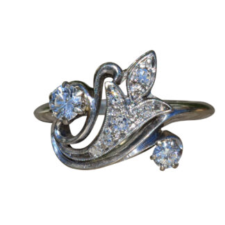 SOLD - The Linala:  Ladies Antique 14K White Gold Fleur De Lis Style Ring set with Diamonds