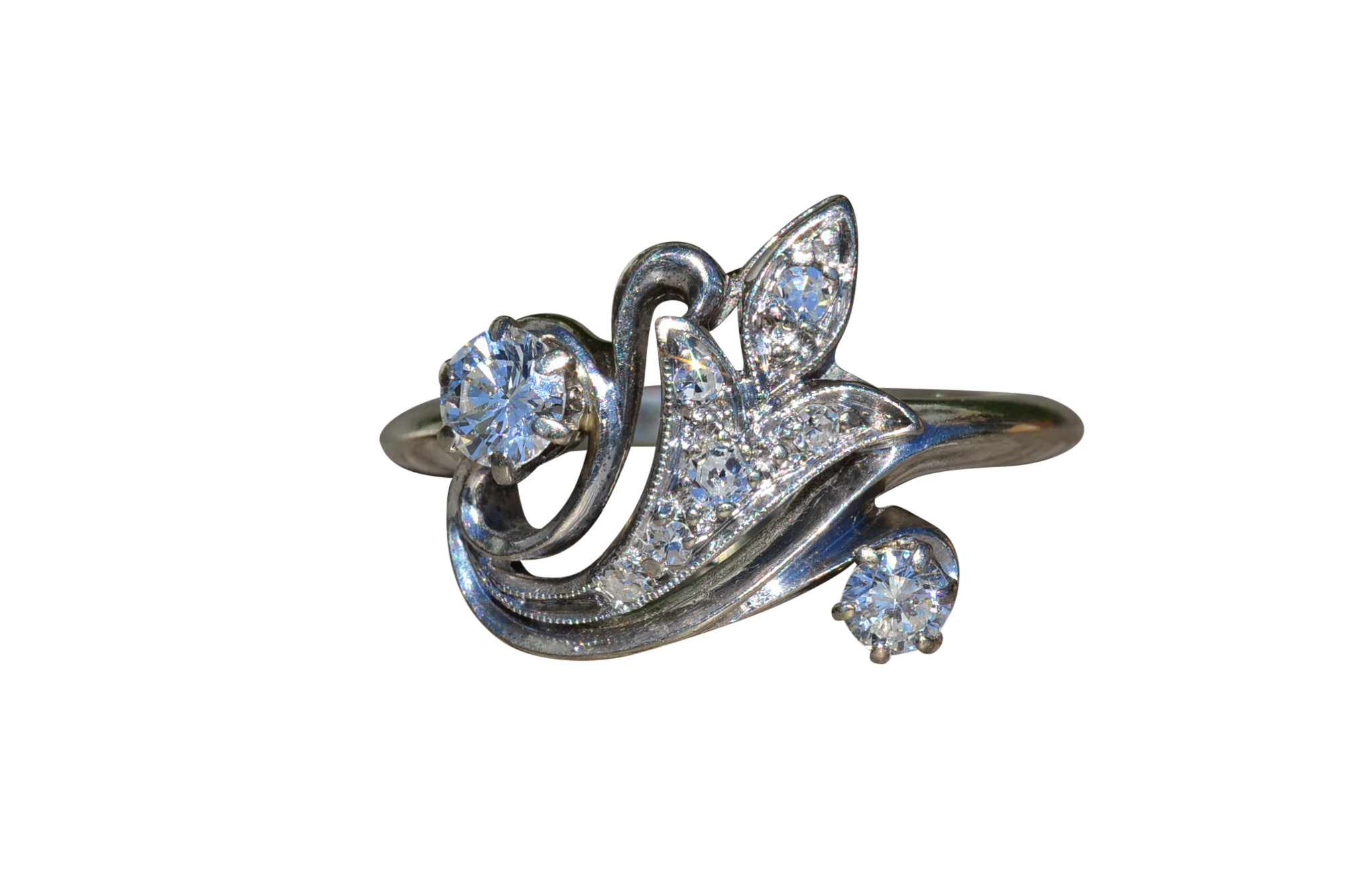 SOLD - The Linala: Ladies Antique 14K White Gold Fleur De Lis Style Ring set with Diamonds