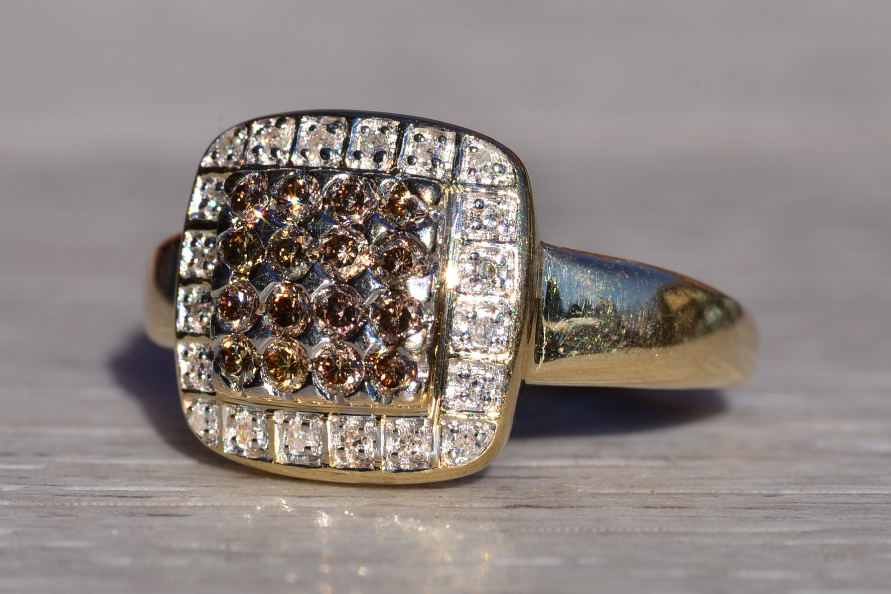 The Svalinn: Ladies 14K Yellow Gold Cocktail Ring set with Brown and White Diamonds - Image 3