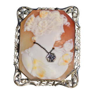 The Purisima:  Ladies Vintage 14K White Gold Carved Shell Cameo Pin/Pendant