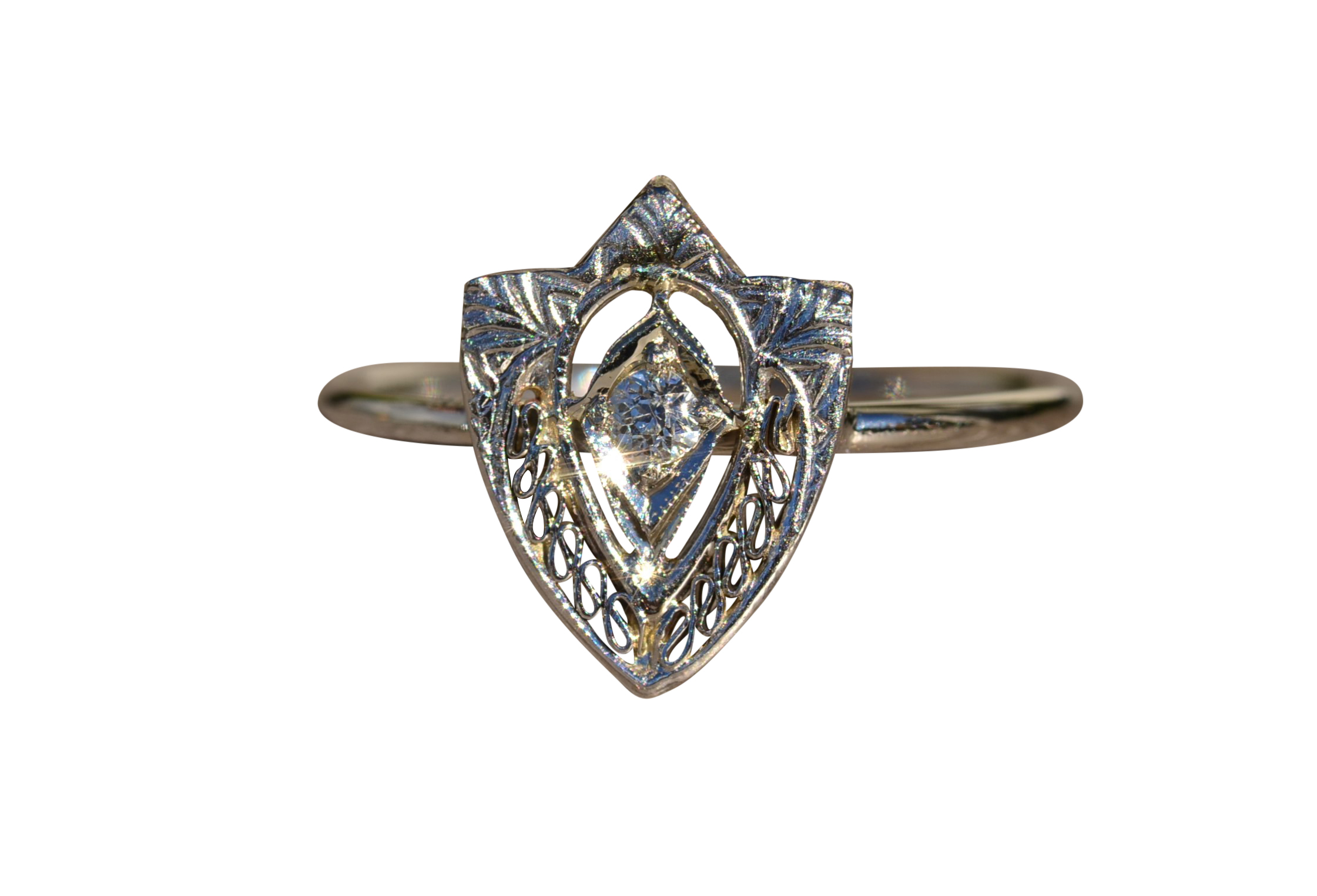 SOLD - The Audrina: Unique Antique White Gold and Diamond Shield Ring