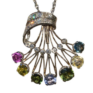 The Bruny:  Unique Art Nouveau Multicolored Sapphire and Diamond Pendant