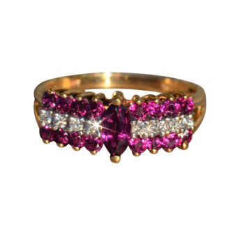 The Stradbrook:  Ladies Rhodolite Garnet and Diamond Band in 14 K Gold