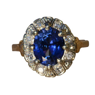 SOLD - The Muldoon:  Antique Ring set with Oval 3 Carat Sapphire and Diamond Halo