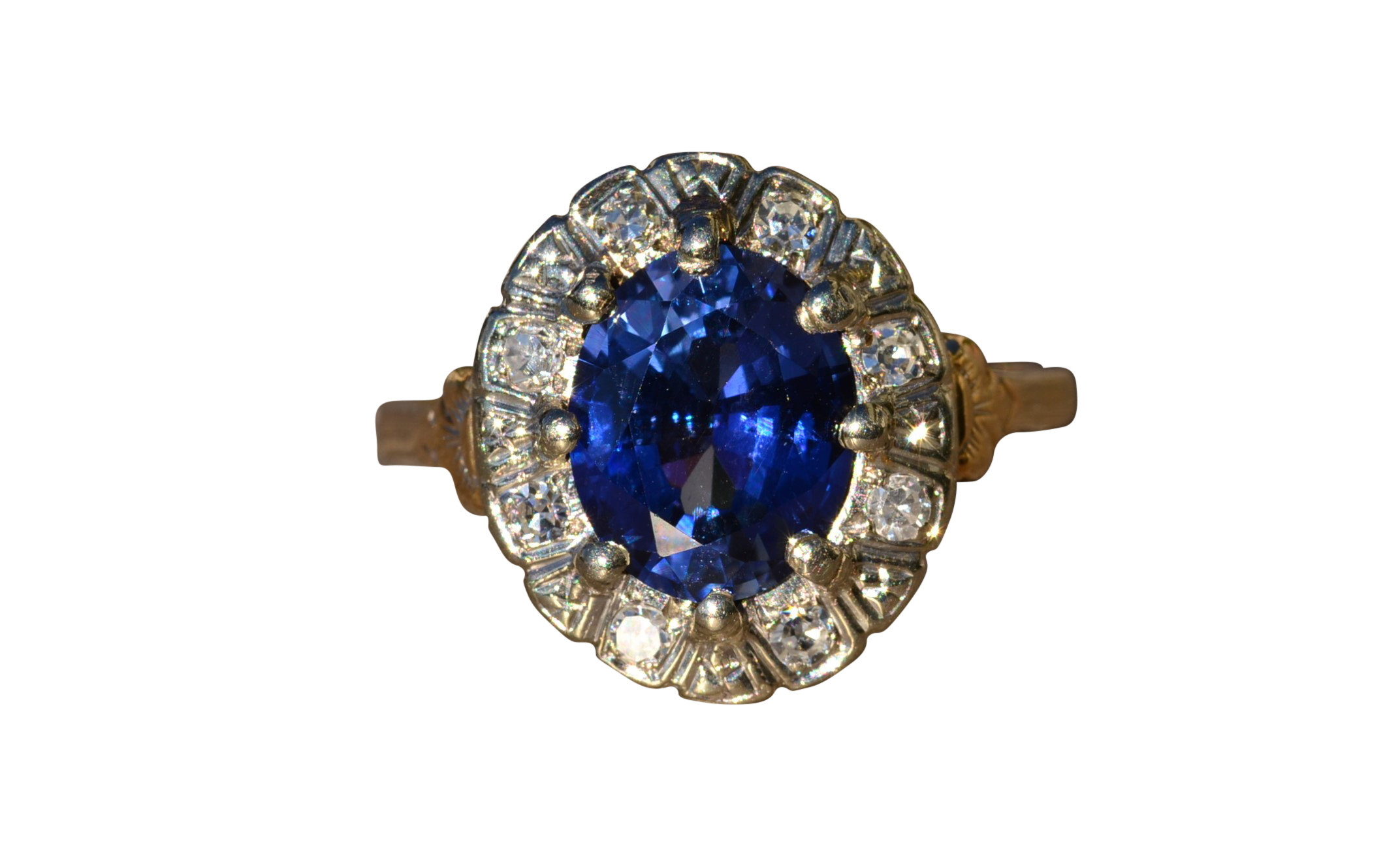 SOLD - The Muldoon: Antique Ring set with Oval 3 Carat Sapphire and Diamond Halo