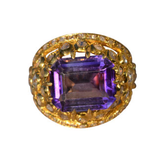The Florina:  Ladies Signed Georgian Amethyst and Diamond Cocktail Ring in 18K Gold