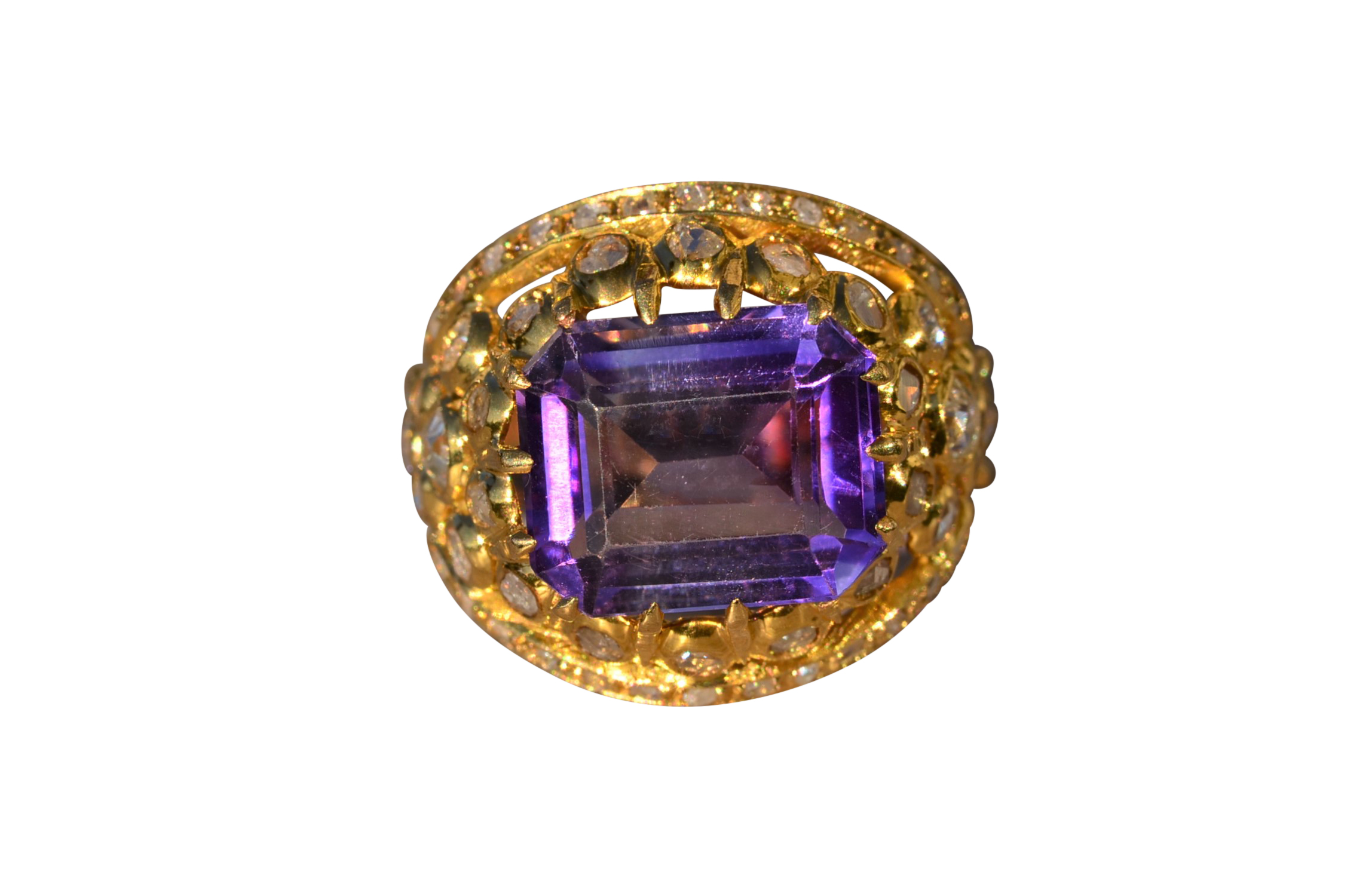 The Florina: Ladies Signed Georgian Amethyst and Diamond Cocktail Ring in 18K Gold