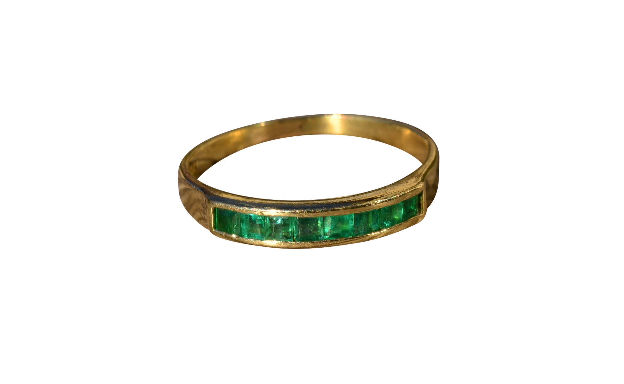 SOLD: The Borneo: Ladies 18K Gold Channel Set Emerald Band
