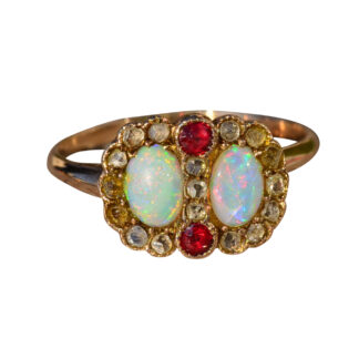 SOLD - The Baffin:  Ladies Antique 14K Opal, Ruby and Rose Cut Diamond Ring