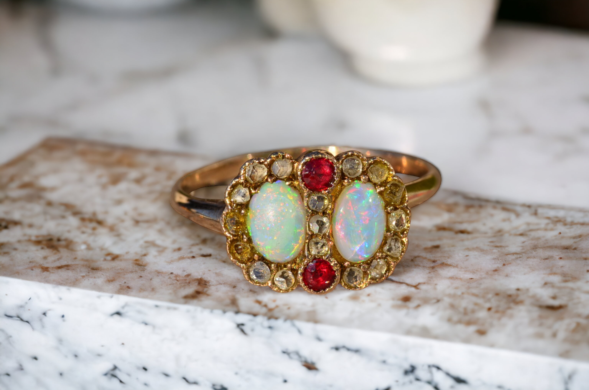 SOLD - The Baffin: Ladies Antique 14K Opal, Ruby and Rose Cut Diamond Ring - Image 11