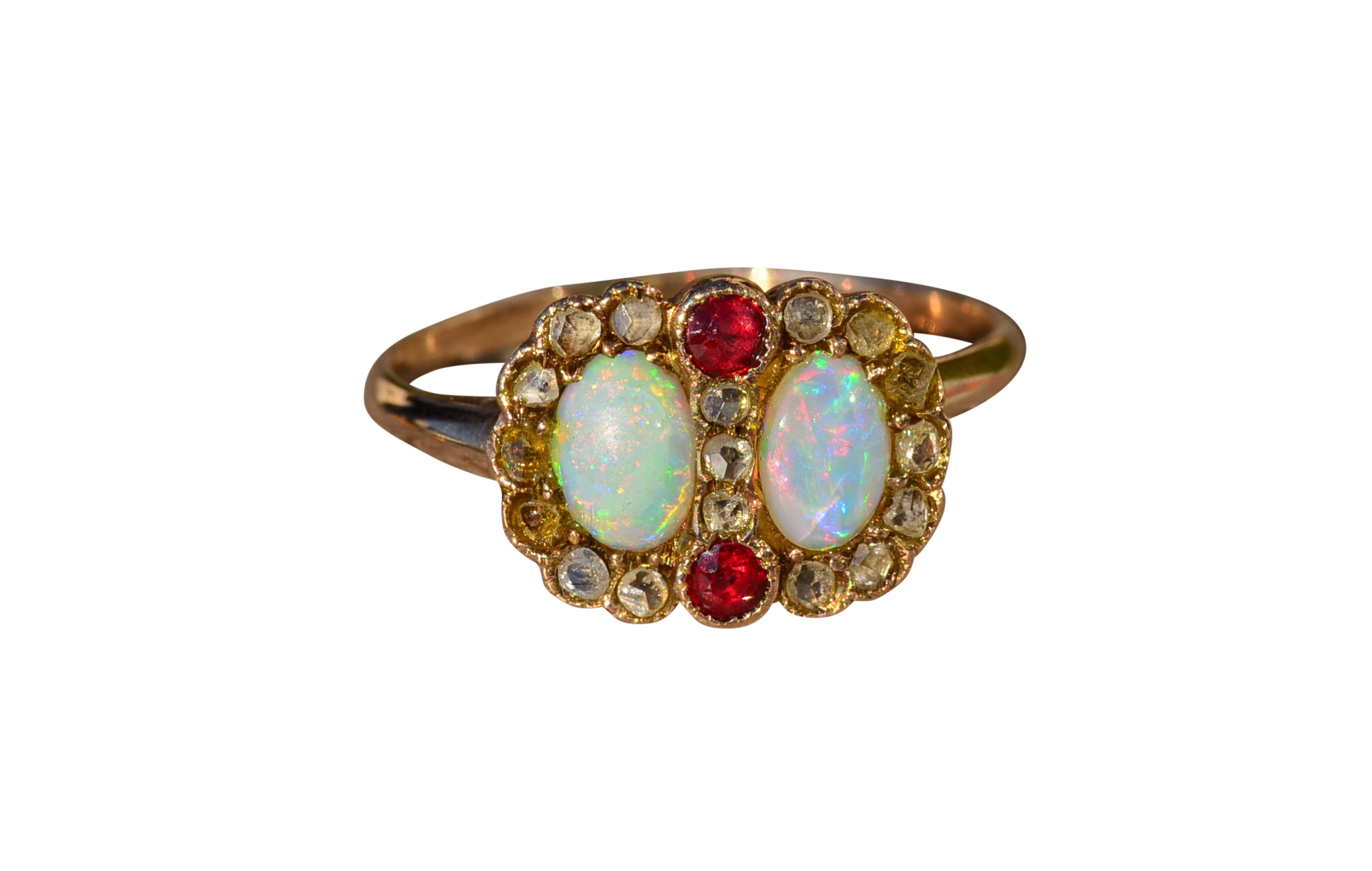SOLD - The Baffin: Ladies Antique 14K Opal, Ruby and Rose Cut Diamond Ring