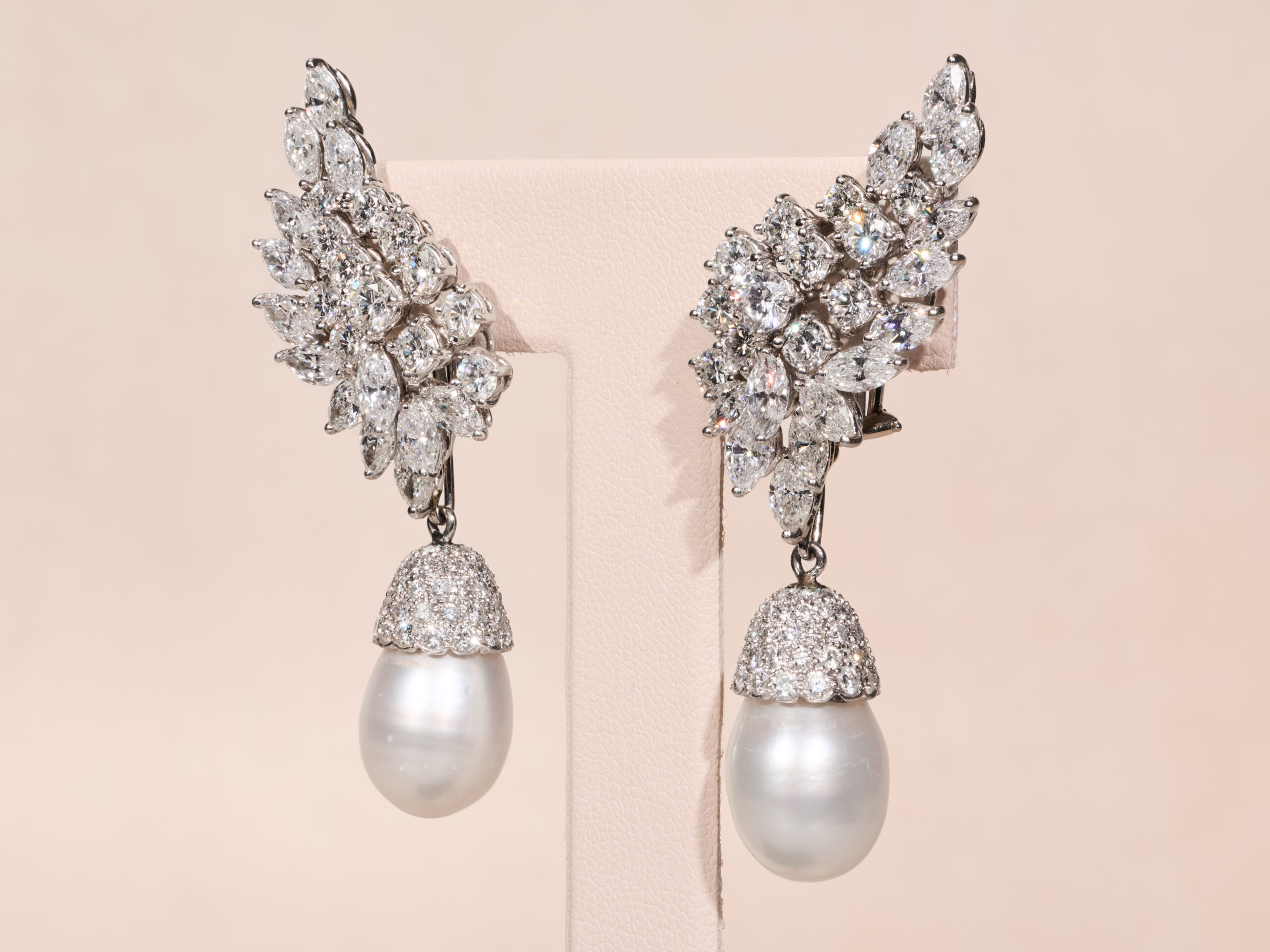 The London: Platinum and Diamond Dangling Pearl Drop Earrings, Day and Night Earrings - Image 3