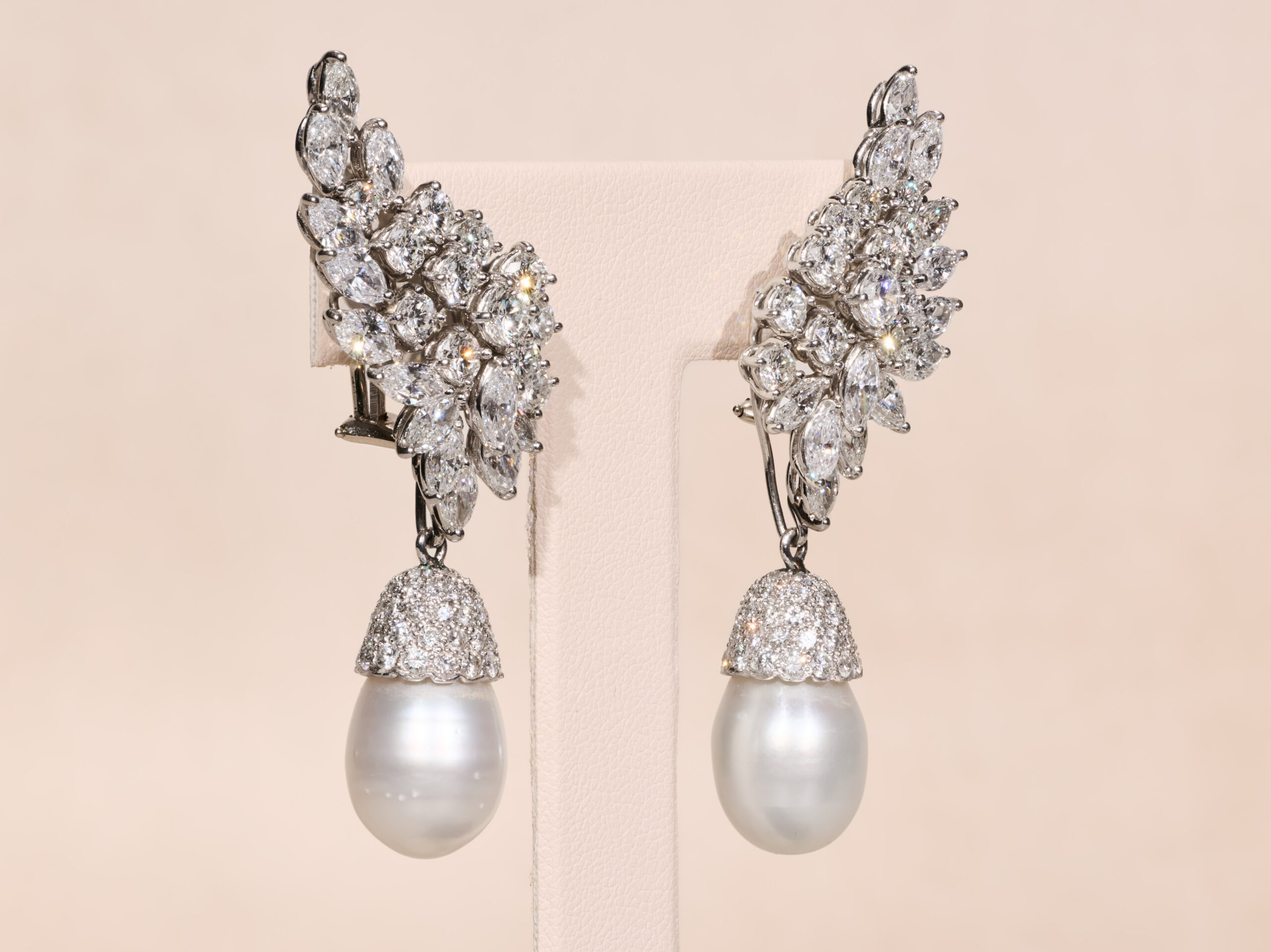 The London: Platinum and Diamond Dangling Pearl Drop Earrings, Day and Night Earrings - Image 2