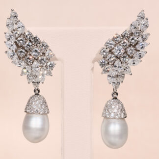 The London: Platinum and Diamond Dangling Pearl Drop Earrings, Day and Night Earrings