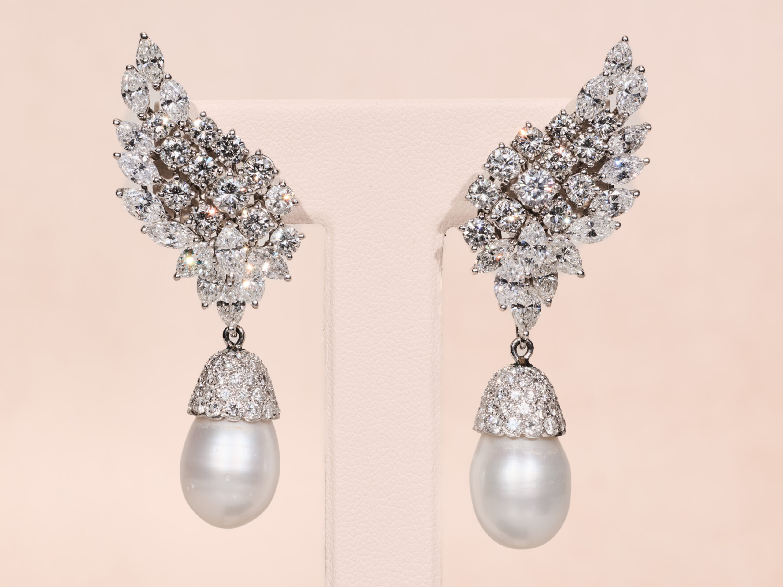 The London: Platinum and Diamond Dangling Pearl Drop Earrings, Day and Night Earrings