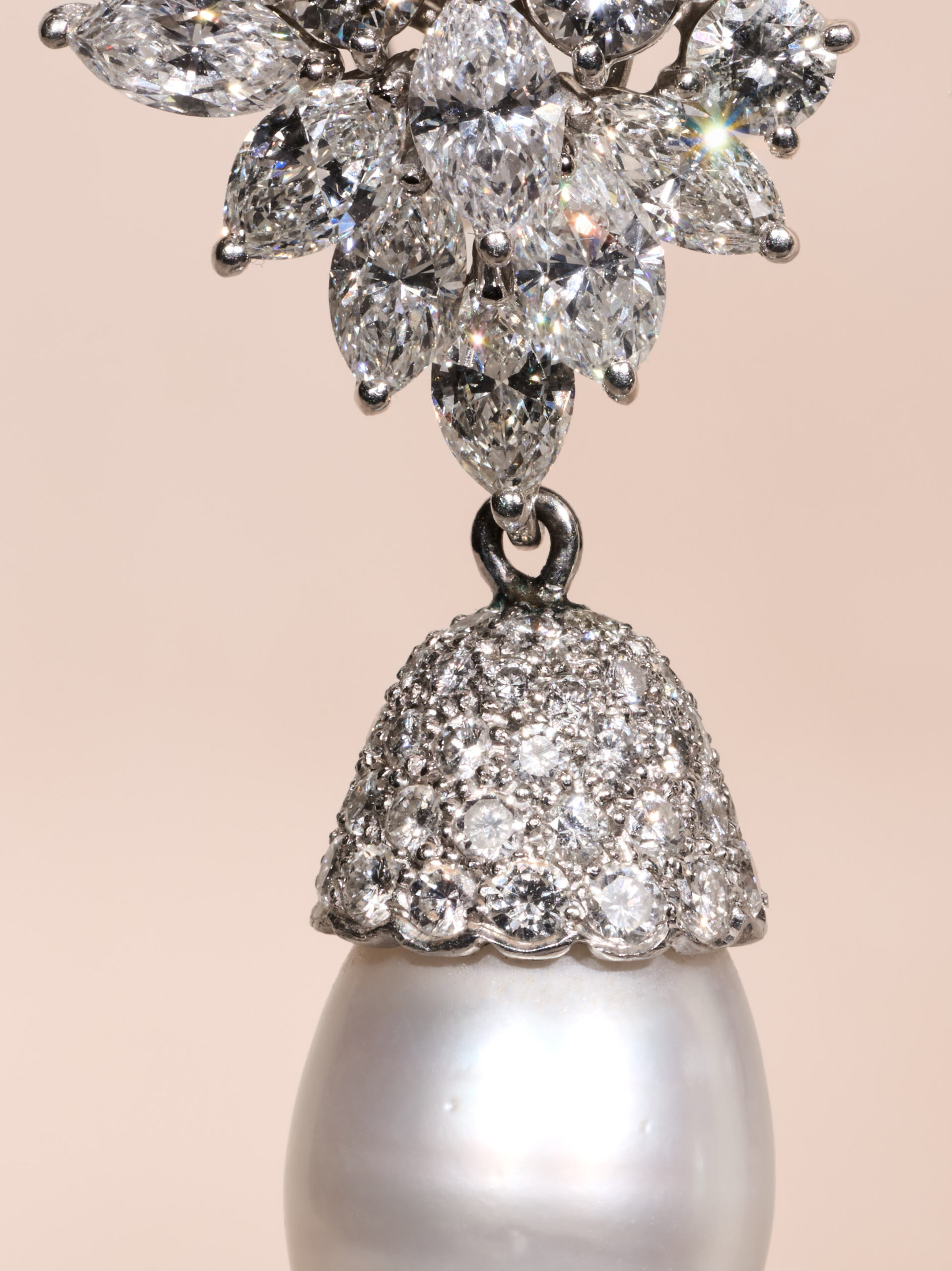 The London: Platinum and Diamond Dangling Pearl Drop Earrings, Day and Night Earrings - Image 5