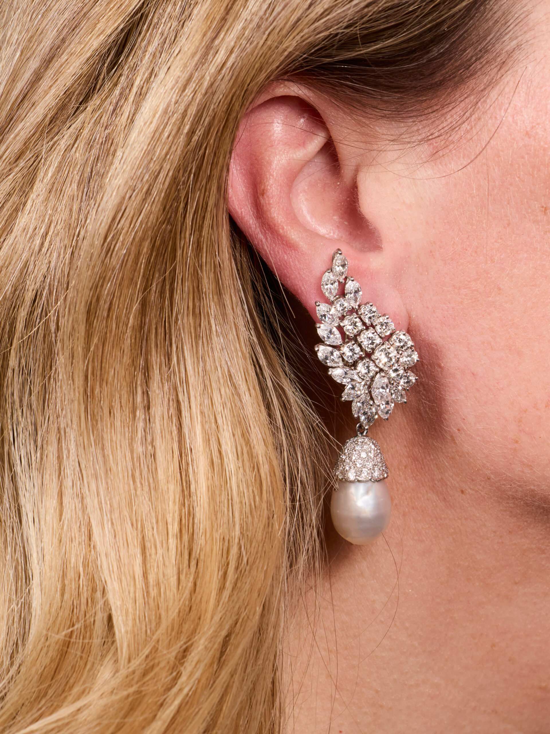 The London: Platinum and Diamond Dangling Pearl Drop Earrings, Day and Night Earrings - Image 8
