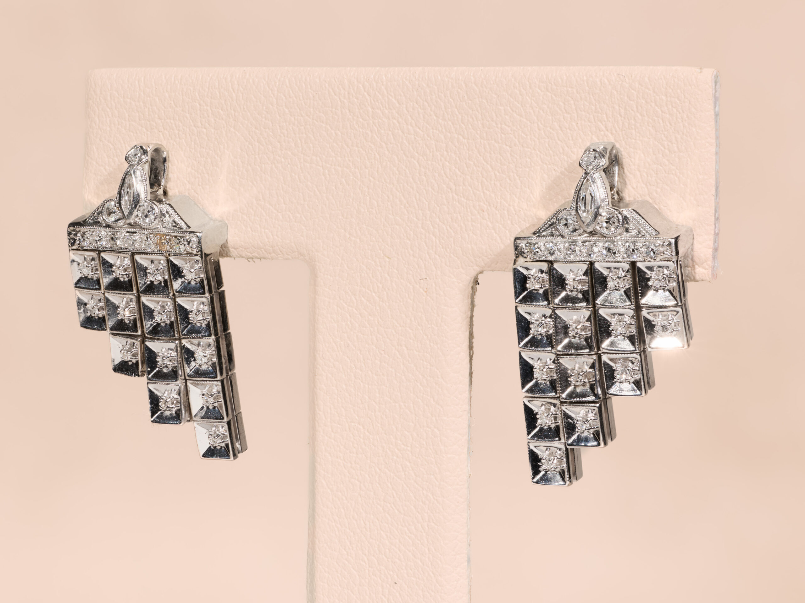 The Somara: Elaborate Antique Platinum Diamond Dangler Earrings - Image 2