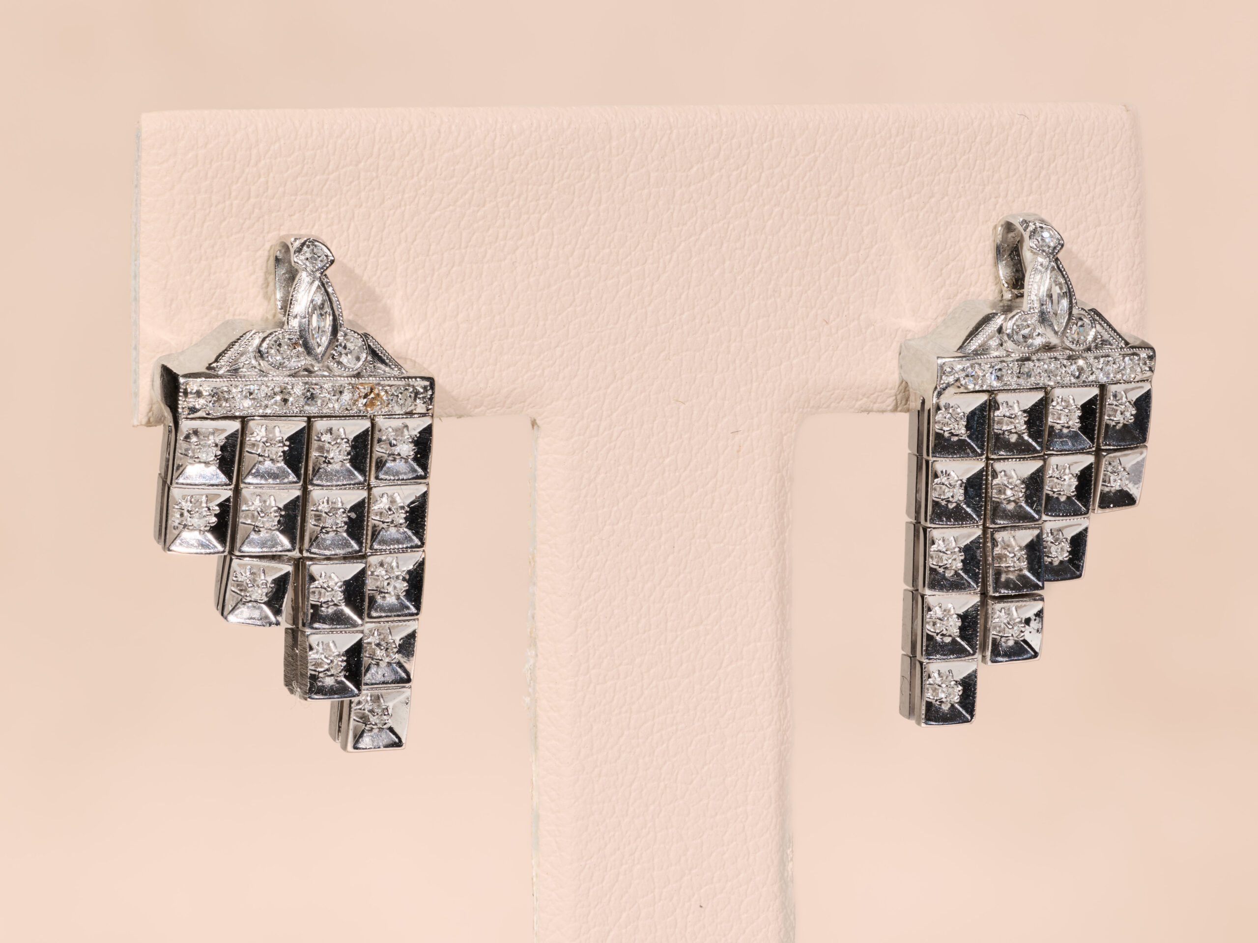 The Somara: Elaborate Antique Platinum Diamond Dangler Earrings - Image 3