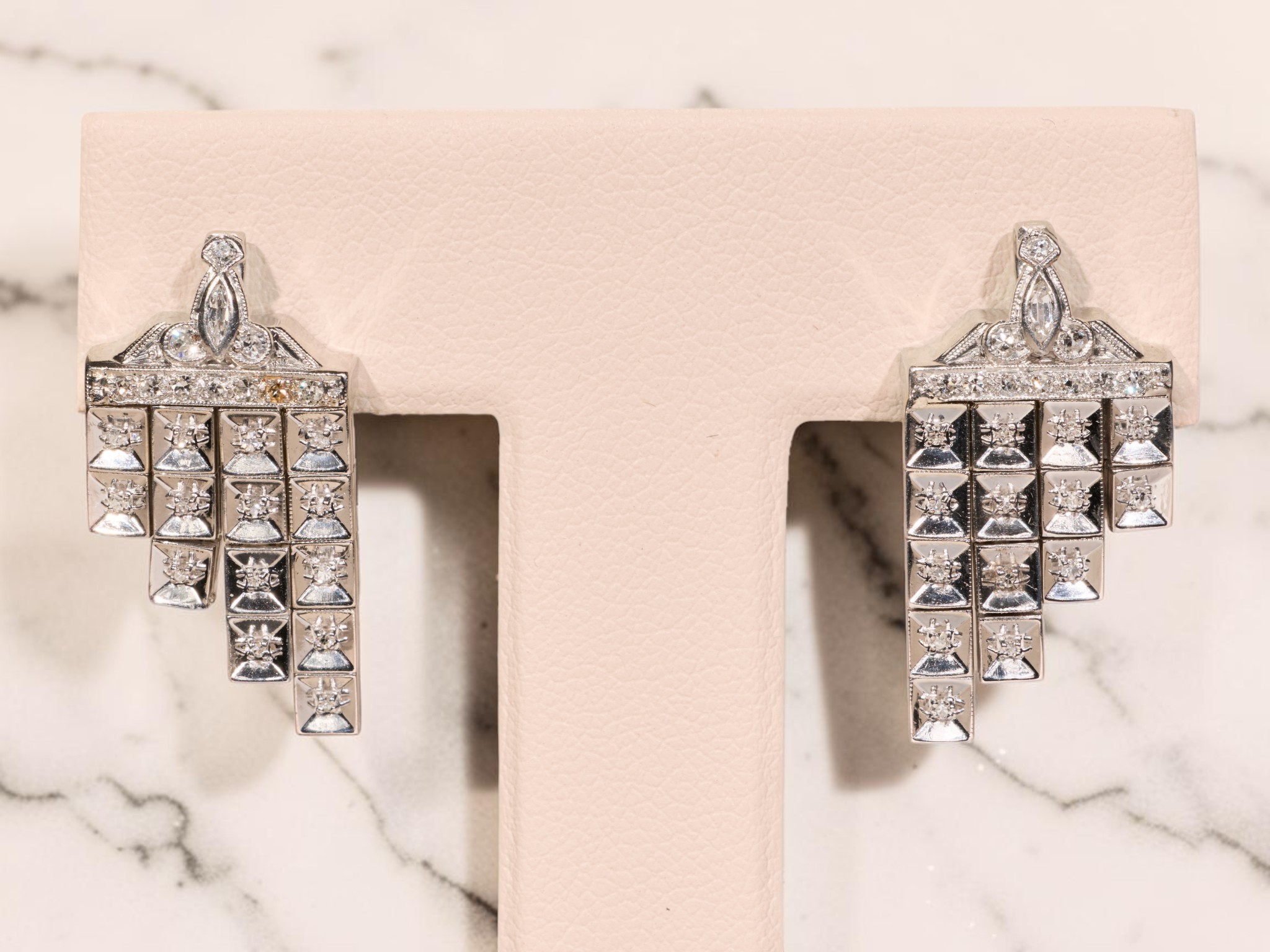 The Somara: Elaborate Antique Platinum Diamond Dangler Earrings - Image 7