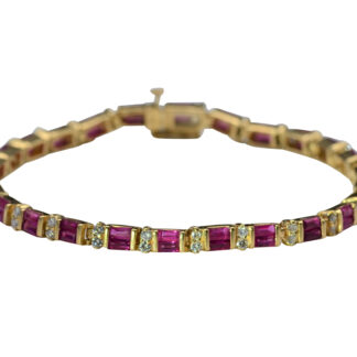 The Clarina:  Ladies 14K Yellow Gold Line Bracelet set with 7.80 CTW Rubies and Diamonds