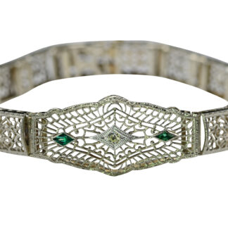 SOLD - The Ballindine:  Ladies Antique 14K White Gold Bracelet set with Diamond and Emeralds