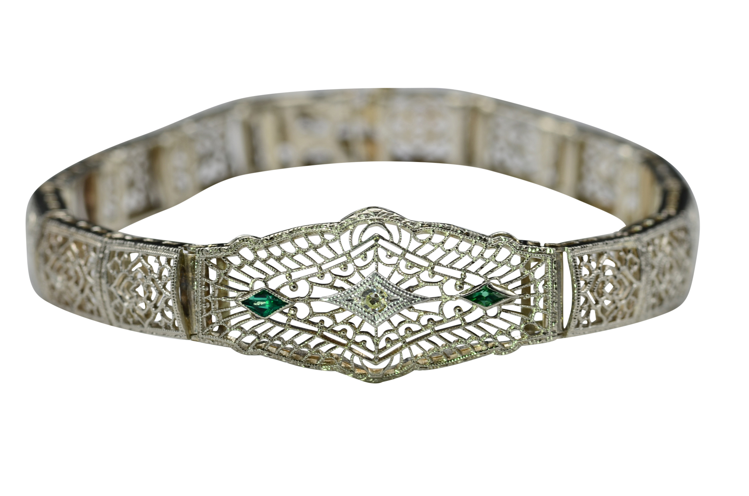 SOLD - The Ballindine: Ladies Antique 14K White Gold Bracelet set with Diamond and Emeralds